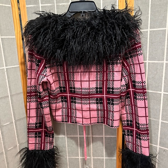 The Ragged Priest Pink Plaid Cardigan Sweater with Black Faux Fur - Picture 5 of 10